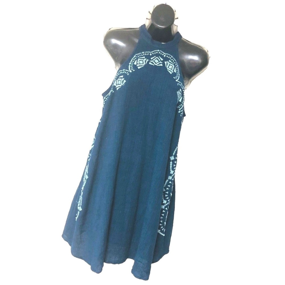 Rip Curl Halter Dress Surf Beach Navy Gauze Embroidered Resort Coastal Womens M - Picture 2 of 8